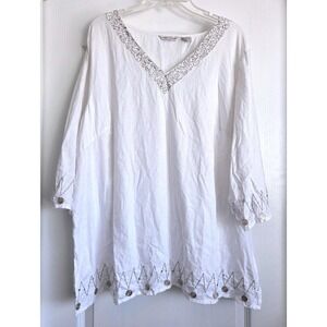 Edward Woman White 100% Linen Tunic Top Sz 3X Silver Coin Sequin Embroider Boho‎